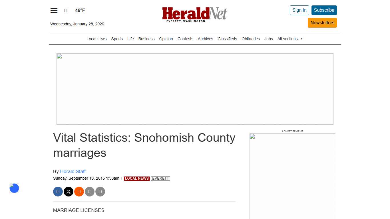 Vital Statistics: Snohomish County marriages HeraldNet.com
