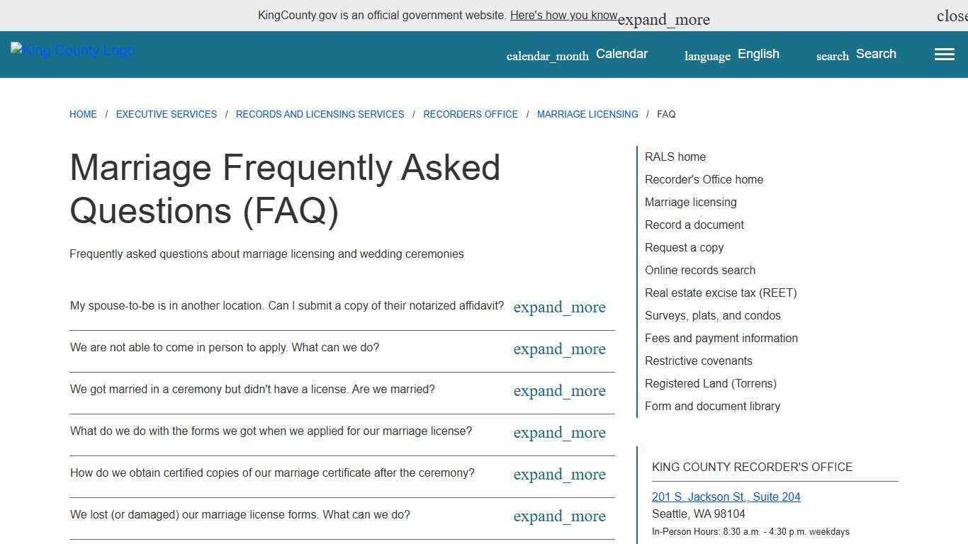 Marriage Frequently Asked Questions (FAQ) - King County, Washington